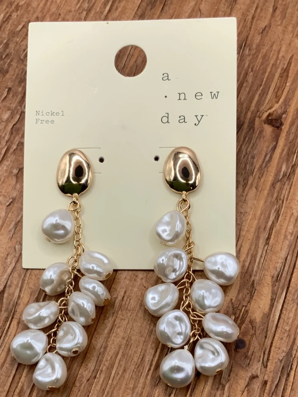 A. New Day Gold Tone Cluster Faux White Baroque Pearl Drop Dangle Earrings - Picture 2 of 5